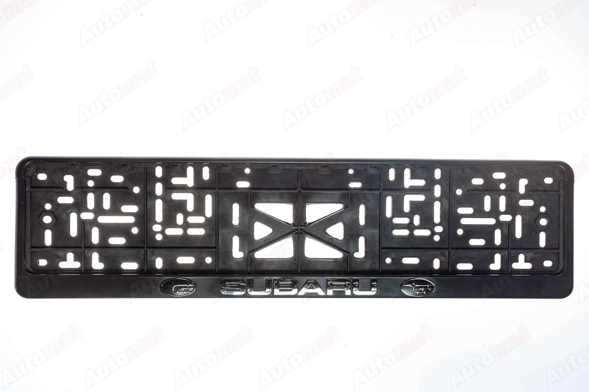 Рамка номера пластмасовая, с защелкой, тиснение Серебром SUBARU (черная)